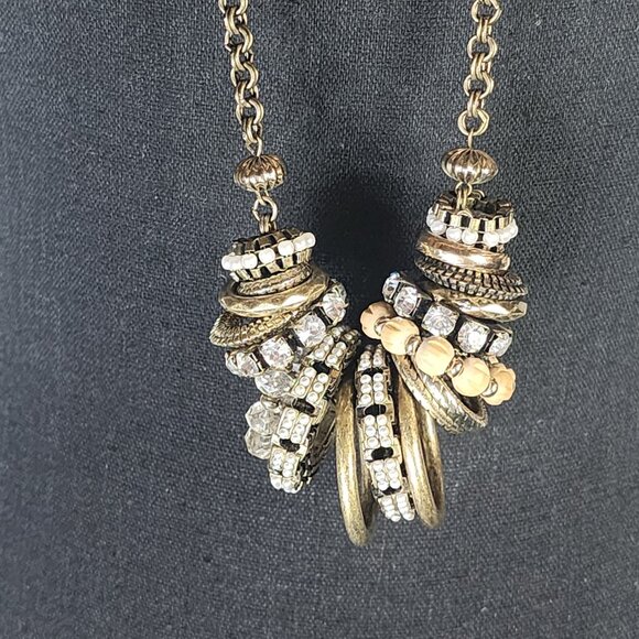Chico's Mixed Metal Brass Rhinestone Wood Stacking Ring Bead 39" Rolo Necklace - Picture 3 of 16